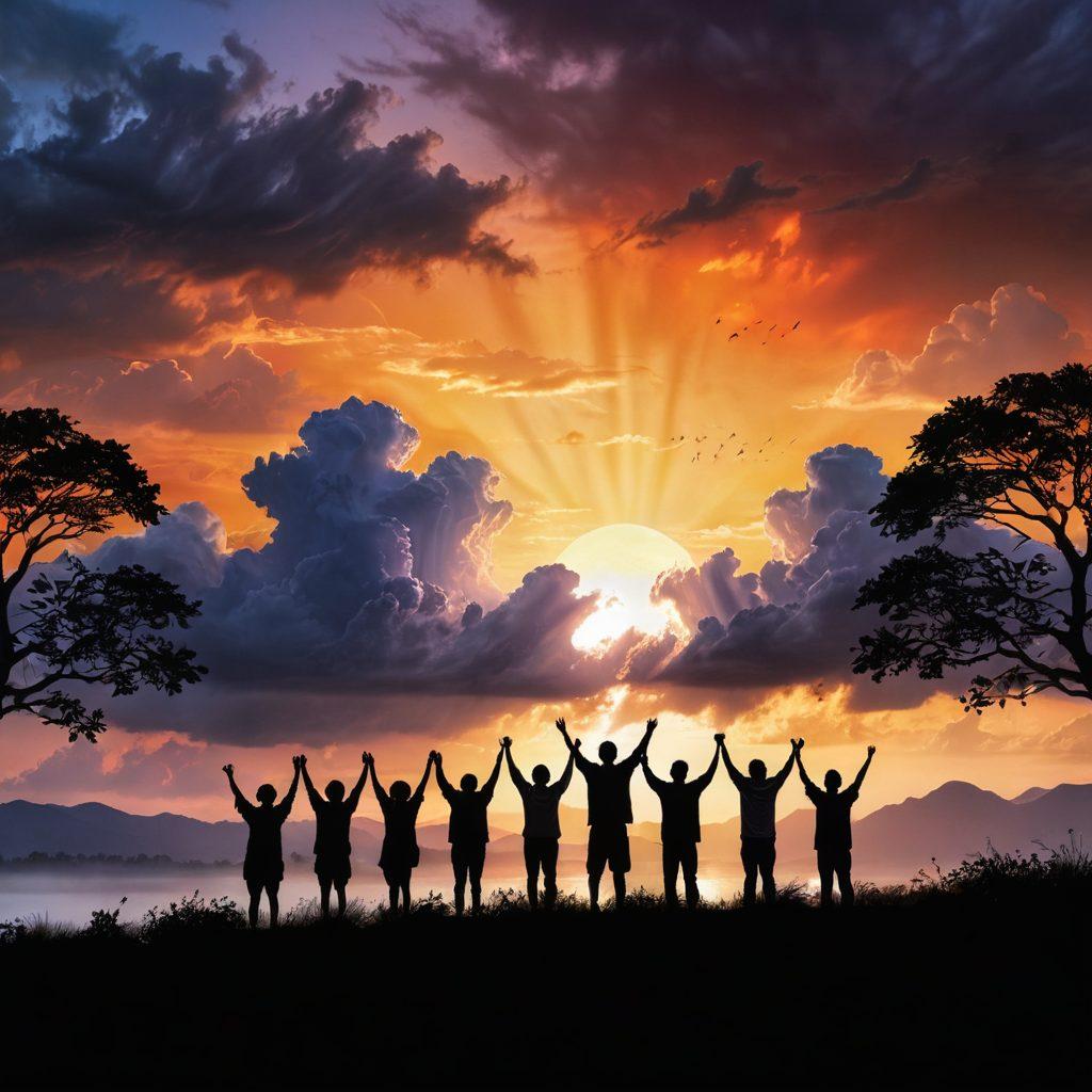 A serene landscape depicting a sunrise breaking through dark clouds, symbolizing hope and resilience. In the foreground, silhouette figures of diverse people with arms raised, conveying triumph over adversity. Soft but vibrant colors should enhance the sense of renewal, with elements of nature, like blooming flowers and lush trees, representing recovery. The backdrop features a gentle gradient from deep blue to warm orange. super-realistic. vibrant colors. versatile composition.